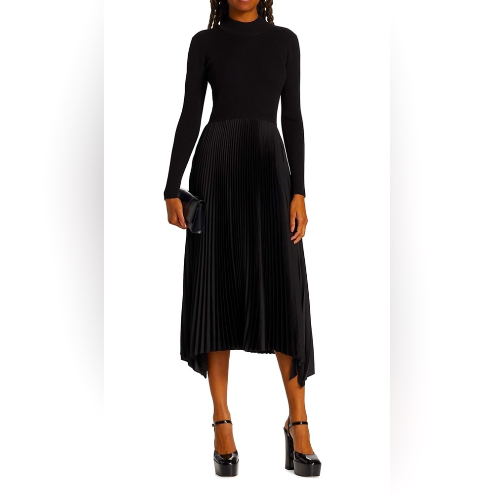 Elie Tahari Mixed Media Pleated Sweater Midi-Dress